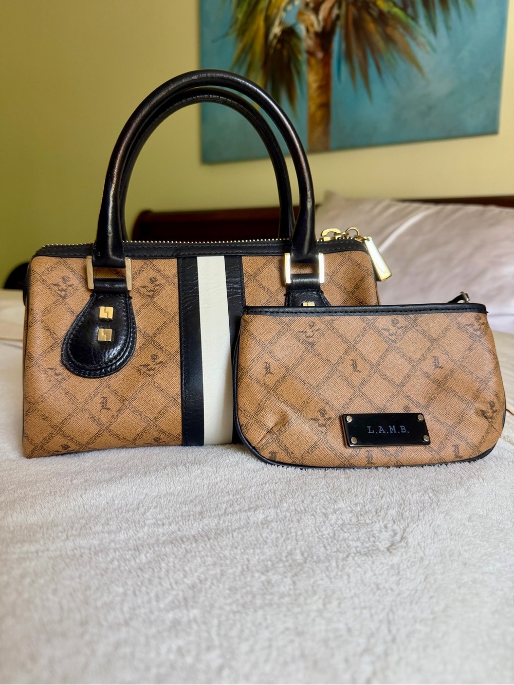 L.A.M.B. Tan Satchel with Black and White Stripe and Wristlet